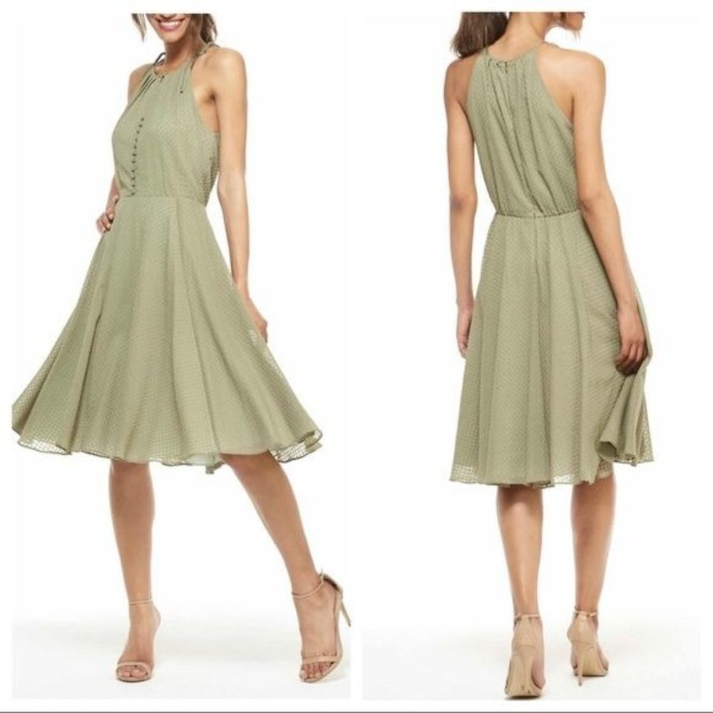 Gal Meets Glam Lenore Shirred Neck A-Line Sleeveless Midi Dress Moss Green - Picture 2 of 11